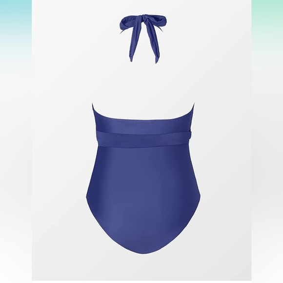 Halter V Neck 1 Piece Bathing Suit Twist Front Ruched Tie Side Navy Size 1X - Picture 5 of 11